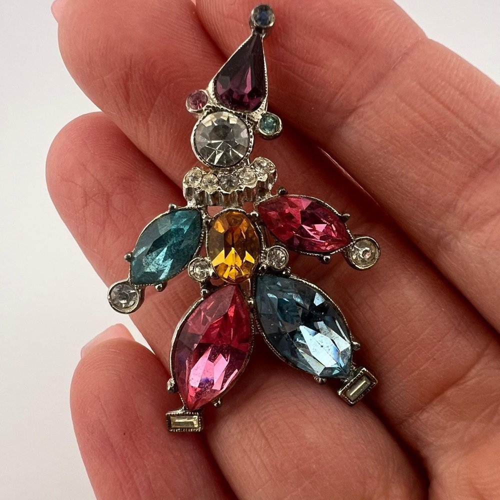 VTG 1950s‎ Signed ORA Clown Brooch Colorful Rhinestones 1.75"–All Stones Intact